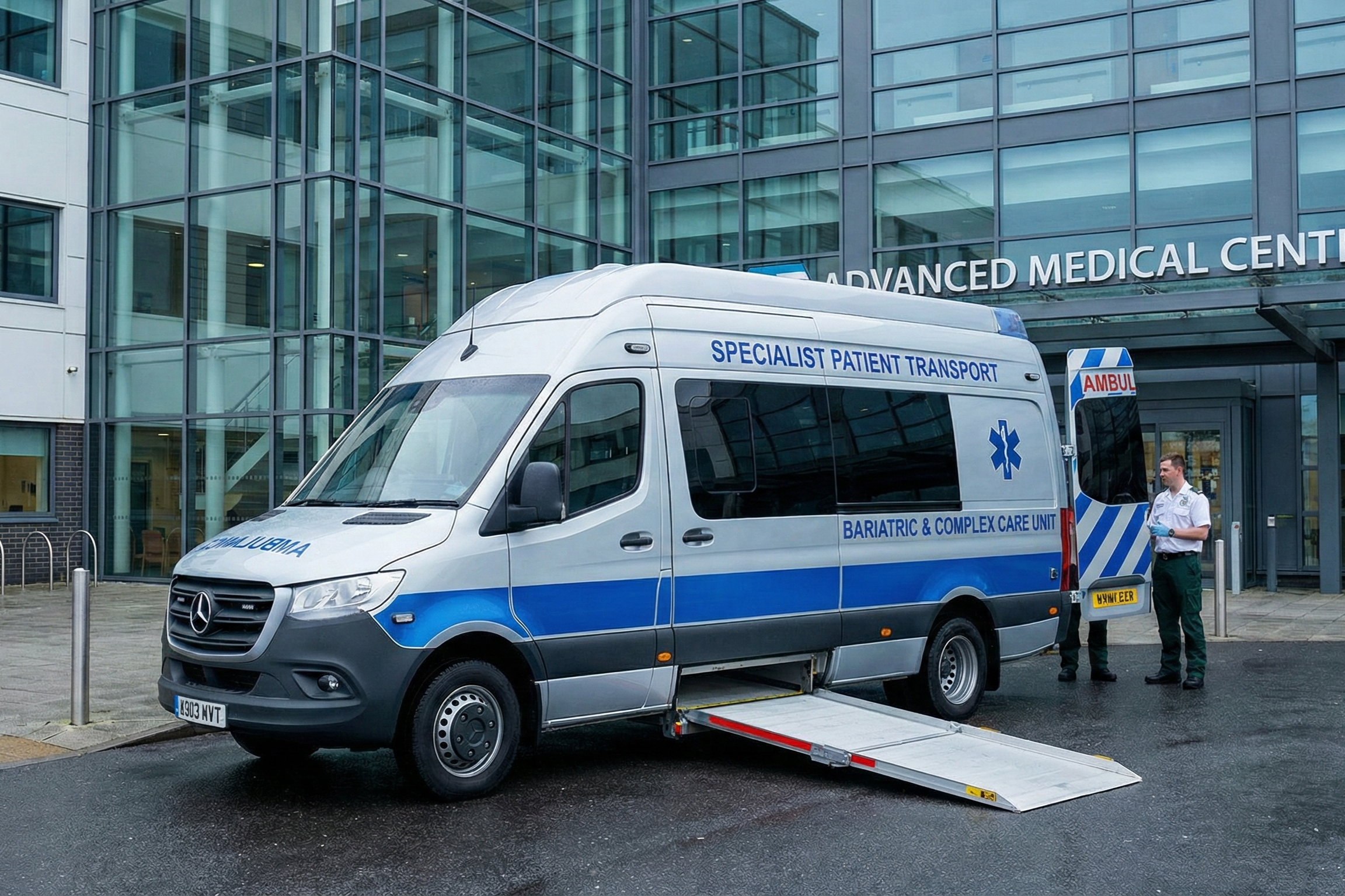 [Real World] A modern, professional patient transport vehicle designed for specialist use (e.g., bariatric or complex care transport), parked outside a contemporary healthcare facility. The vehicle is clean and well-maintained, highlighting its readiness for diverse patient needs.