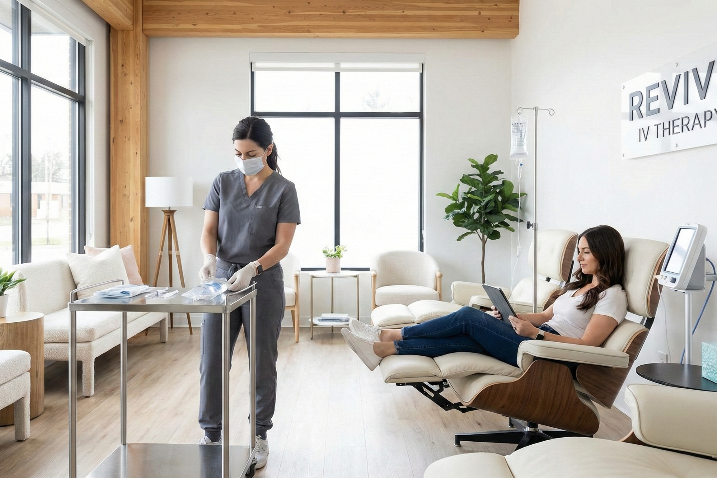 starting an iv therapy business with a nurse preparing a sterile IV drip for a client comfortably seated. The setting is clean, well-lit, and inviting, conveying trust and medical expertise.