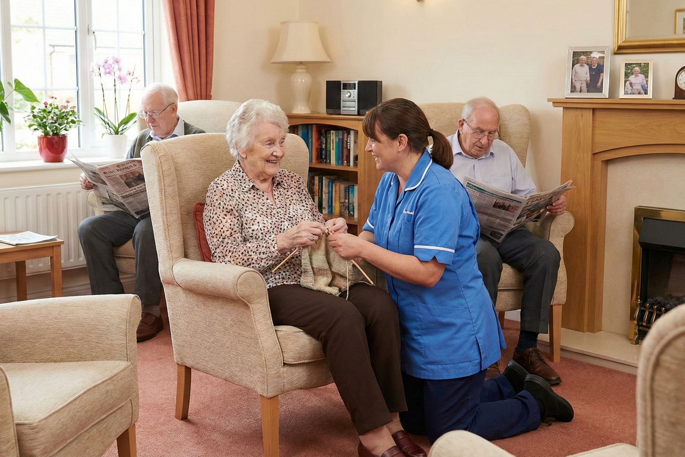 Healthcare agency setting group of elderly people with carer