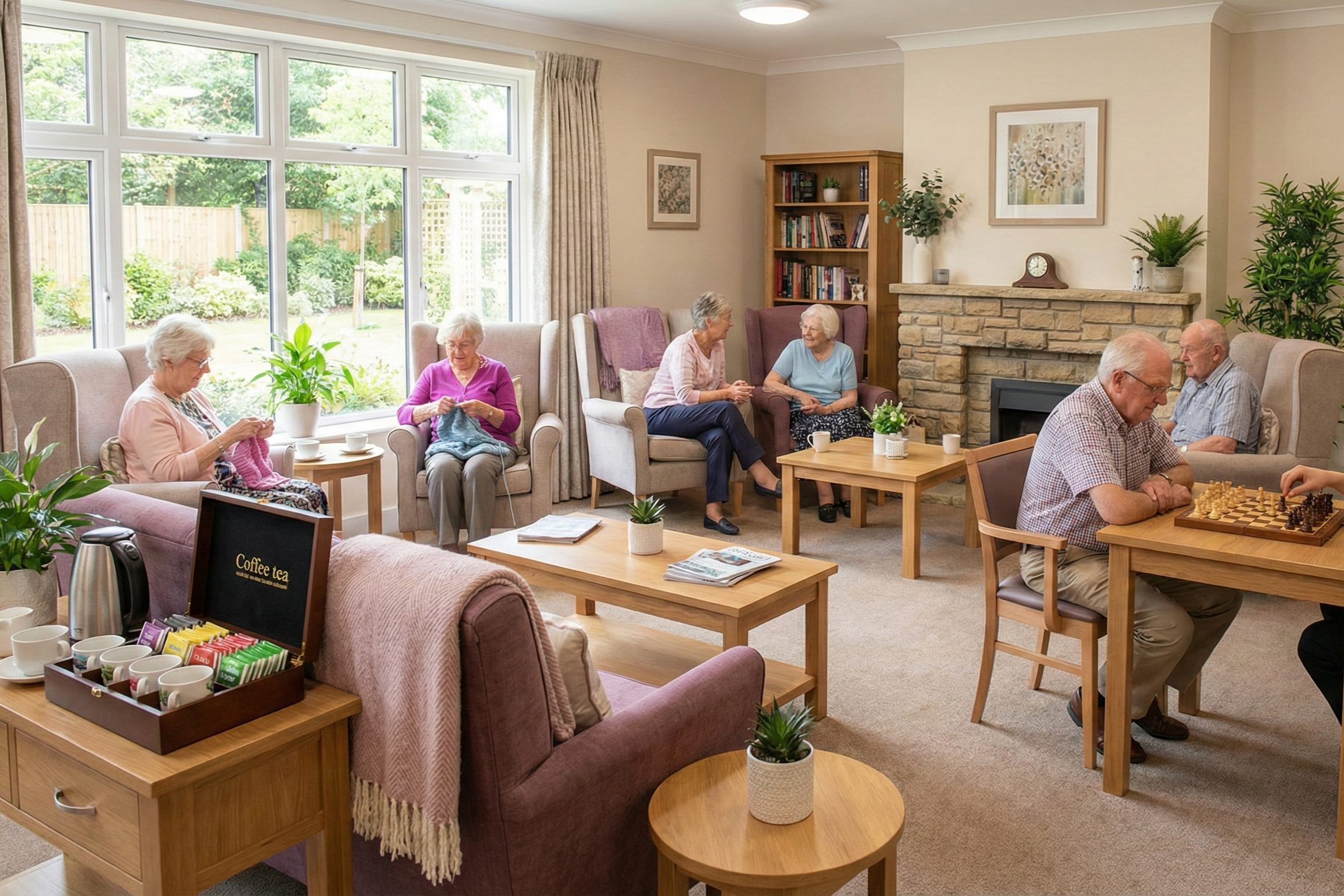 [Real World] A bright, modern care home common area with several elderly residents engaging in a gentle, guided activity, such as painting or light gardening, with a smiling carer actively facilitating. The scene exudes comfort, quality, and positive social interaction, highlighting a value-added offering beyond basic care.