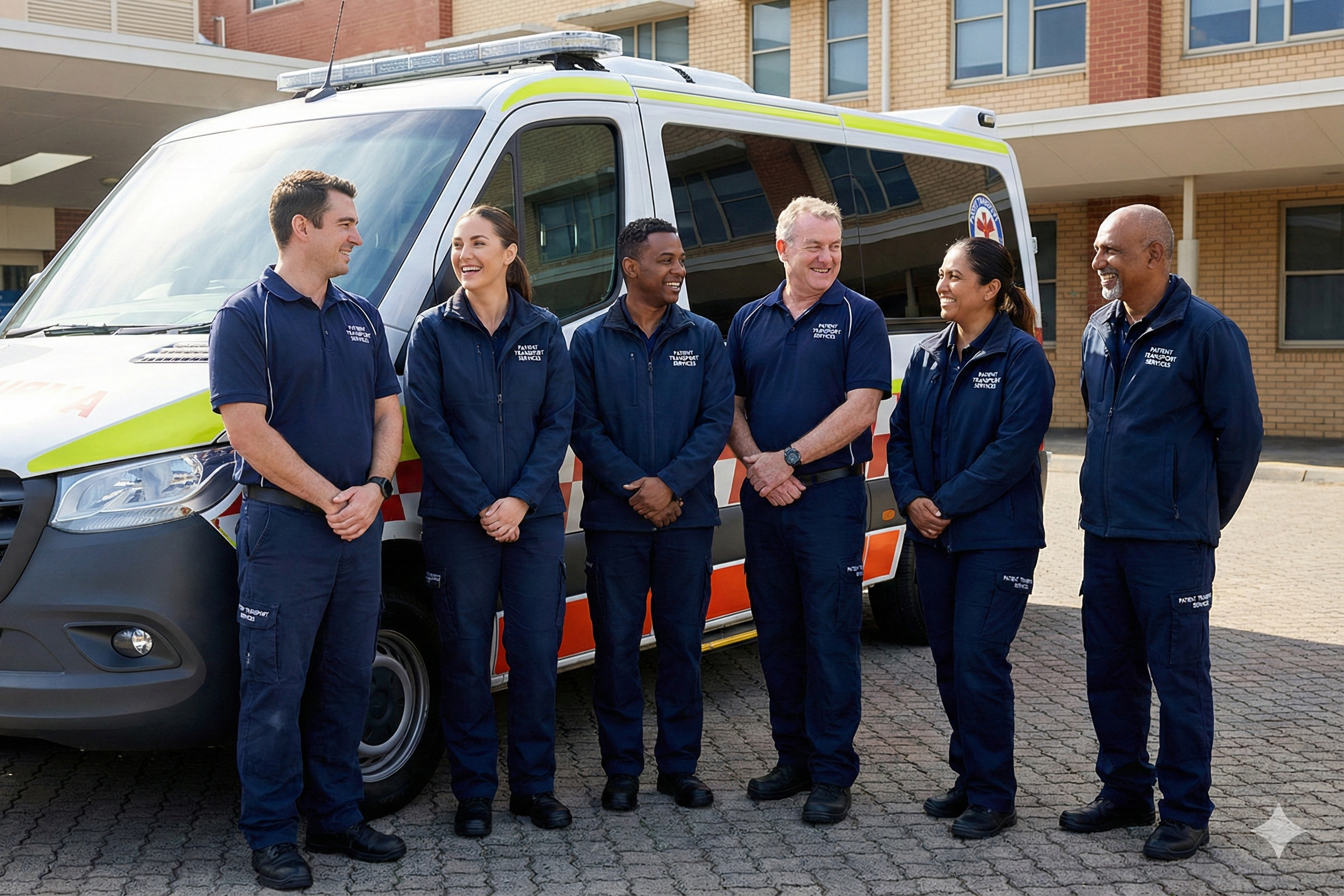 Patient Transport Client Growth: A diverse group of professional patient transport staff in branded uniforms, standing confidently next to a modern ambulance. They are smiling and engaged, symbolising a well-trained and cohesive team ready for service.