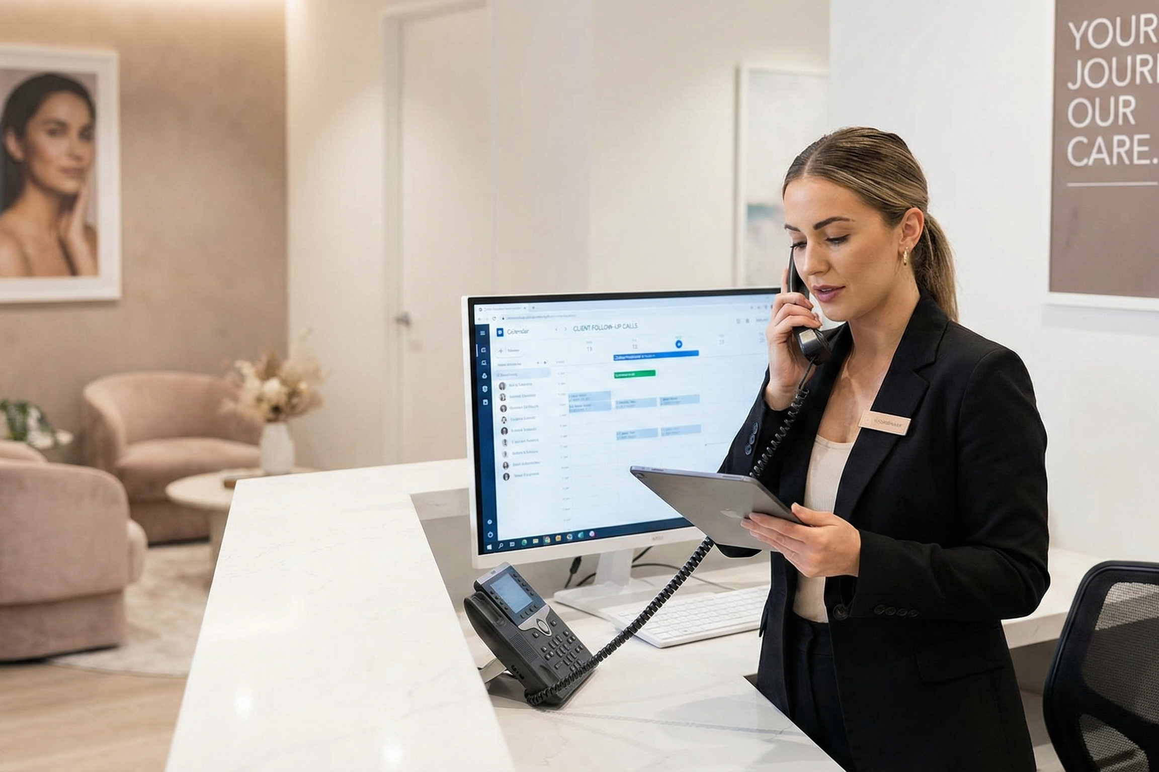 [Real World] A professional, modern aesthetic clinic setting where a practitioner is reviewing patient data on a tablet, demonstrating personalised aftercare, with a subtle AI interface overlay.