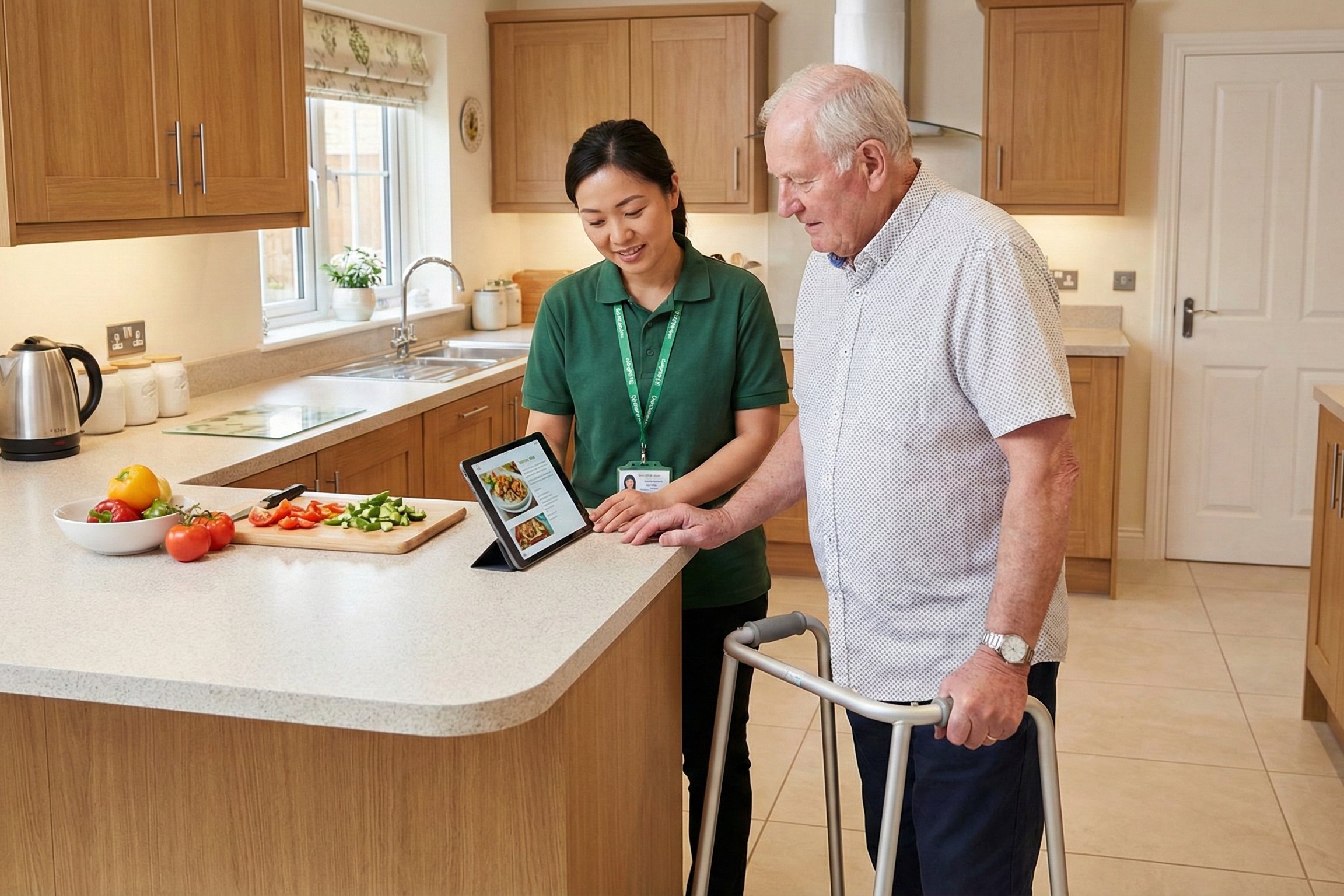 domiciliary home care setting man and carer in kitchen