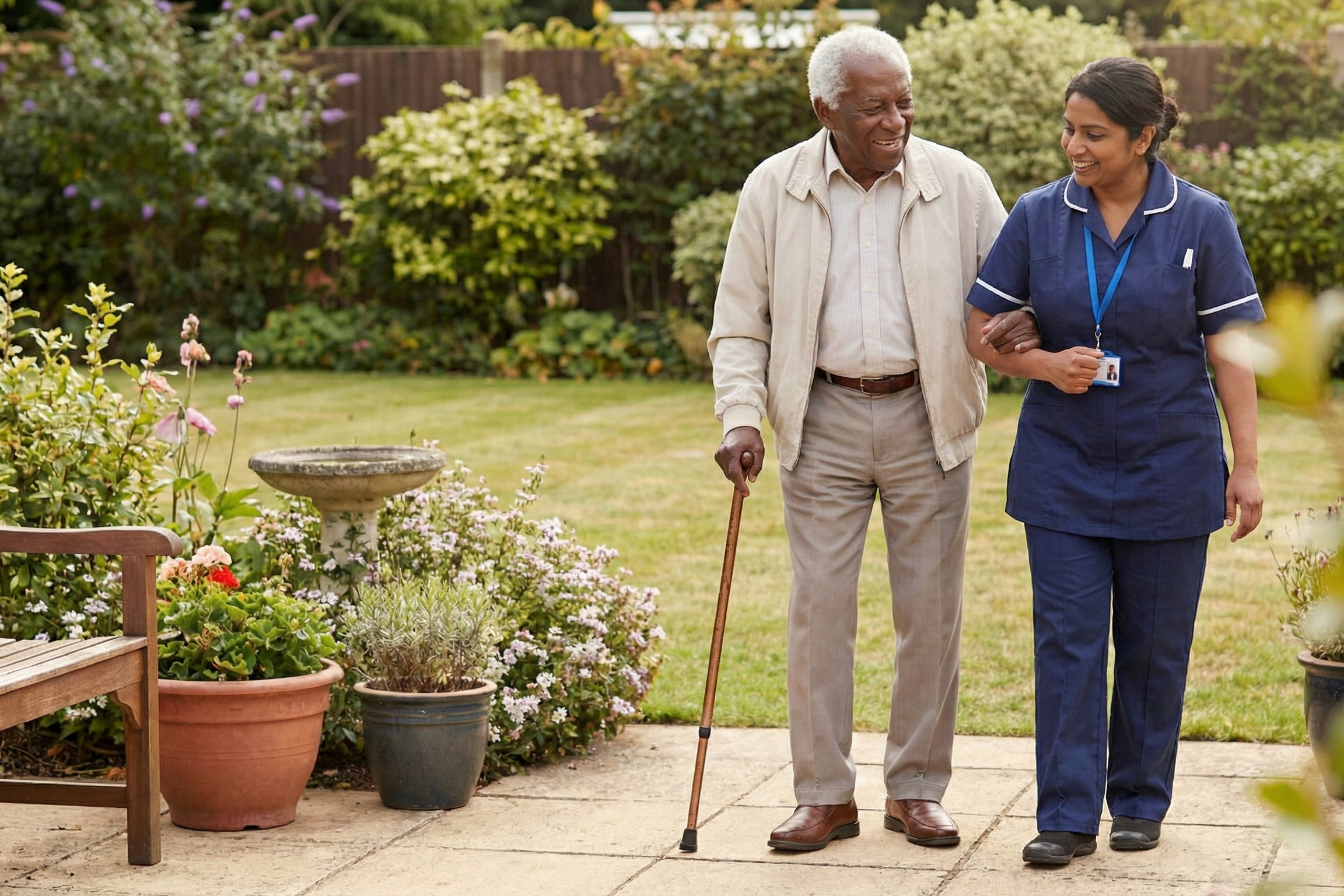 elderly black man walking in garden with carer