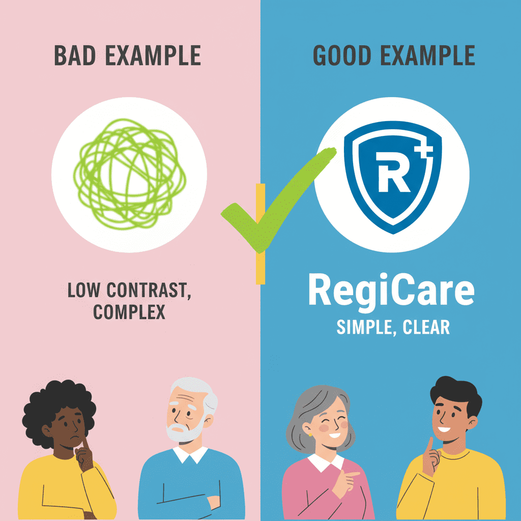 [Infographic] A visual comparison split into two halves. The left side shows a 'Bad Example' logo which is blurry, uses neon green text on white (low contrast), and a complex messy icon. The right side shows a 'Good Example' using the RegiCare Blue (#005EB8) and bold, clear typography with a simple shield icon. A green checkmark is over the good example.