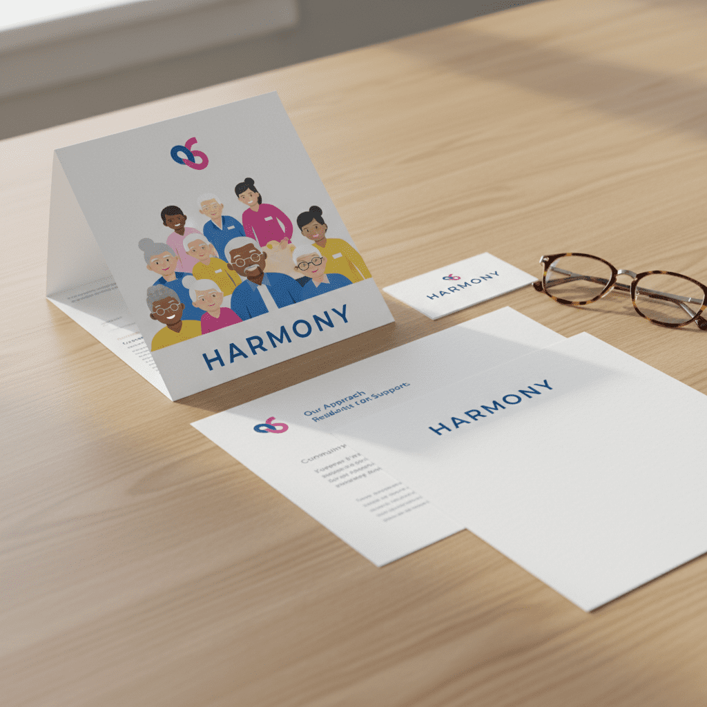 [Real World] A close-up shot of a wooden desk surface. On the desk are professional marketing materials for a care home: a tri-fold brochure, a business card, and a letterhead. All items feature a consistent branding theme. The design is clean, with large legible text. A pair of reading glasses rests nearby.