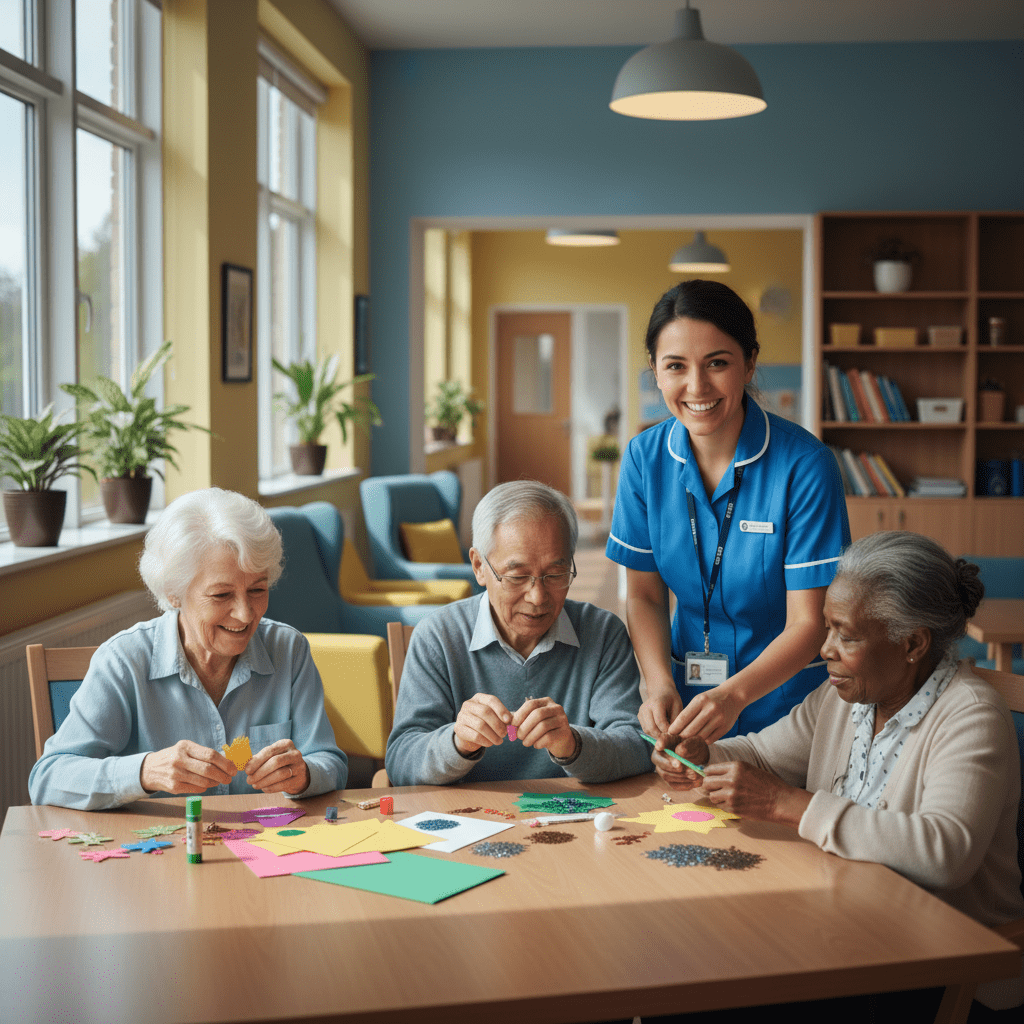[Real World] A warm, professional scene inside a modern UK elderly day care centre. A diverse group of elderly people are seated comfortably around a table engaging in a craft activity, while a female care worker wearing a smart blue tunic smiles and assists them. The room is bright, airy, and filled with natural light, conveying safety and community. No text overlay.