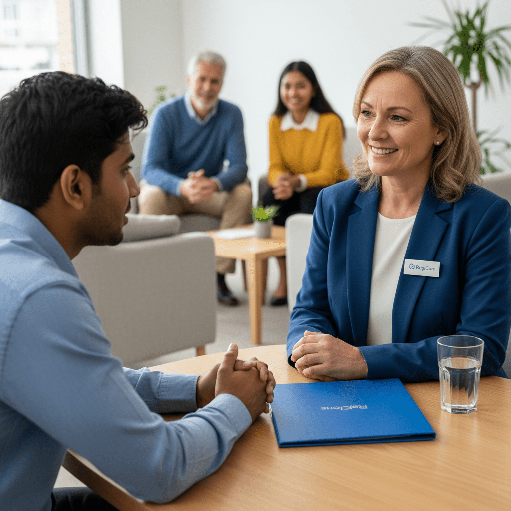 [Real World] A candid shot of a job interview taking place in a comfortable office. A female care home manager (wearing a name badge) is smiling warmly at a young male interviewee who looks engaged. On the table, there is a RegiCare branded folder (blue) and a glass of water. The scene implies a supportive and professional recruitment process.