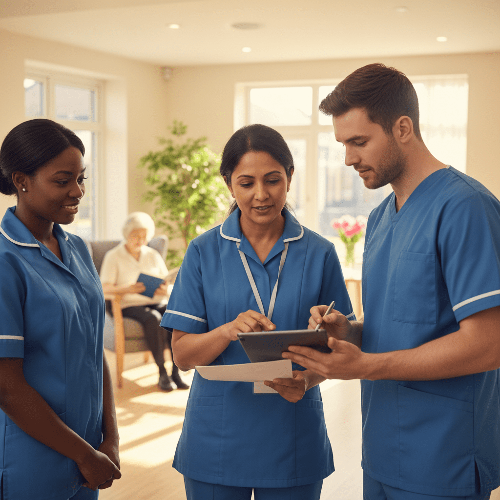 [Real World] A high-resolution, professional photograph of a diverse group of care professionals in a modern UK care home setting. The focus is on a senior care manager, a woman in her 40s wearing a blue tunic, discussing a document with a younger male nurse. The background is soft-focused, showing a clean, well-lit care environment with neutral tones. The lighting is warm and natural, conveying seriousness yet compassion.