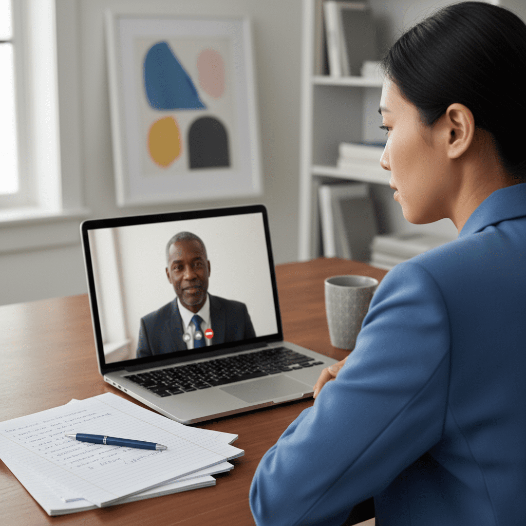 [Real World] A close-up, over-the-shoulder view of a candidate in a virtual interview setting. The laptop screen shows a professional interviewer. The candidate has notes on the desk. The atmosphere is serious and focused, highlighting the preparation required.