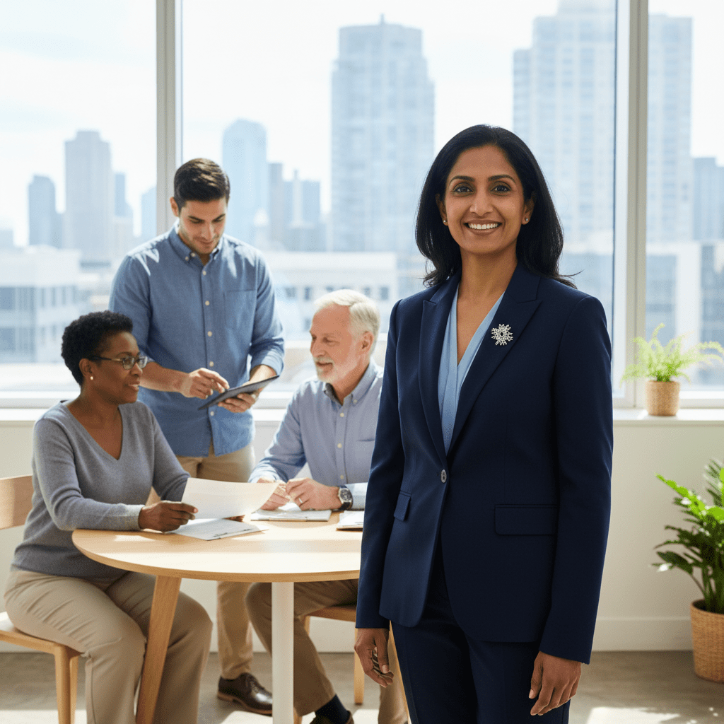 [Real World] A professional care manager standing and smiling and camera. The lighting is bright and natural, suggesting transparency and professionalism.
