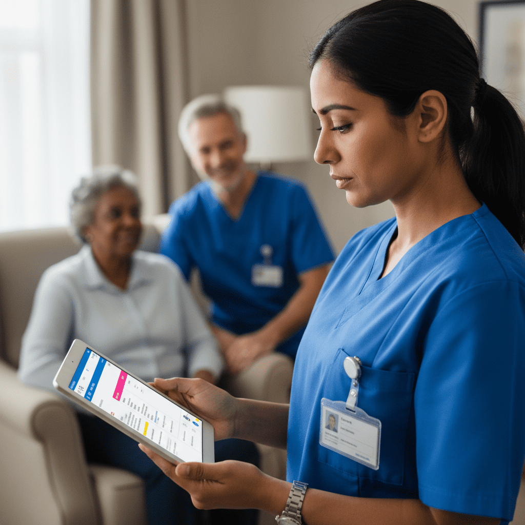 [Real World] A close-up shot of a female nurse in a blue tunic using a digital tablet to update care records. She is focused and professional. In the blurred background, a colleague is speaking with a resident. The lighting is soft and warm.
