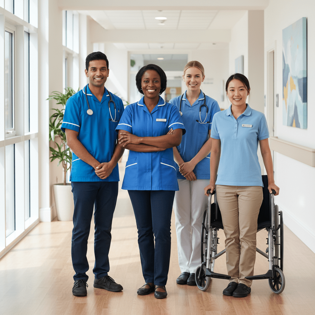 [Real World] A professional, diverse team of nursing home staff standing confidently in a modern care facility hallway. The group includes a Registered Manager, two nurses in blue tunics, and a care assistant. They are smiling warmly. The lighting is bright and natural. No text.