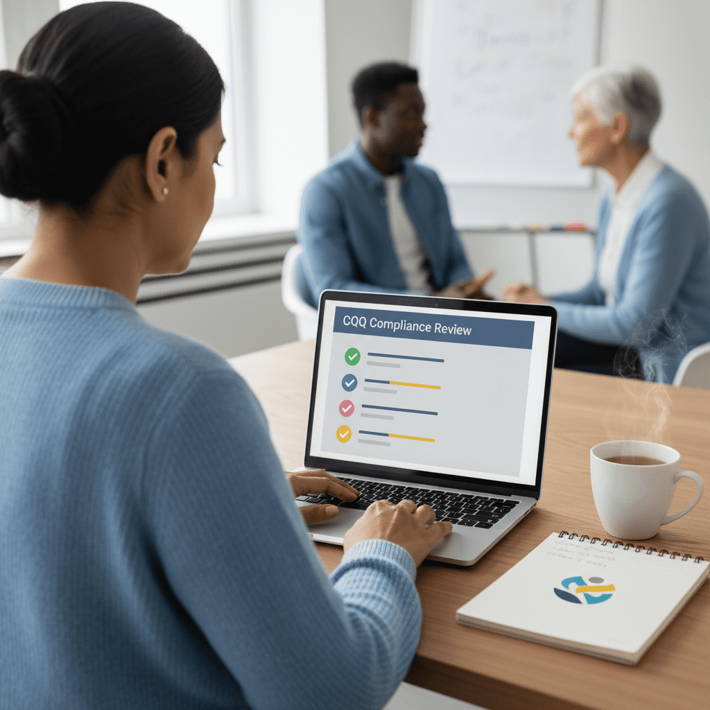 [Real World] A close-up, over-the-shoulder view of a care manager using a laptop. On the screen, a digital checklist for CQC compliance is visible with green tick marks. On the desk, a branded notebook and a cup of tea are visible, conveying a calm, organised working environment.